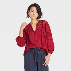 Women's Knox Rose Long Sleeve Button-Front Eyelet Blouse Red XL